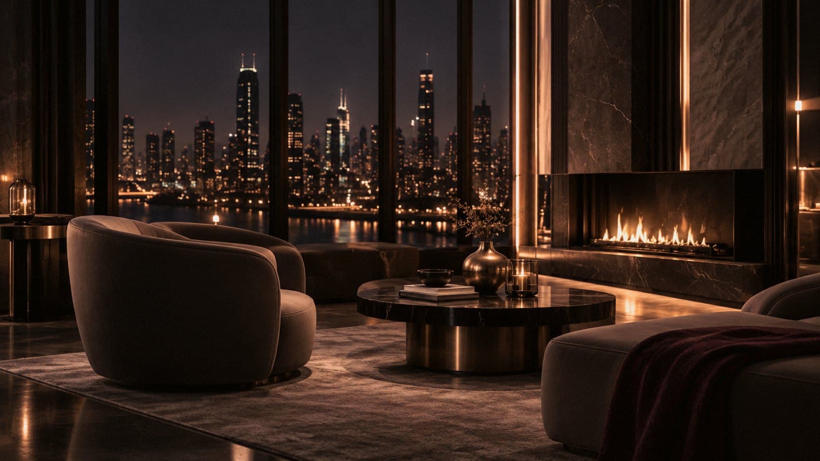 Kamin mit Marmorwand, Sessel und nächtliche Skyline