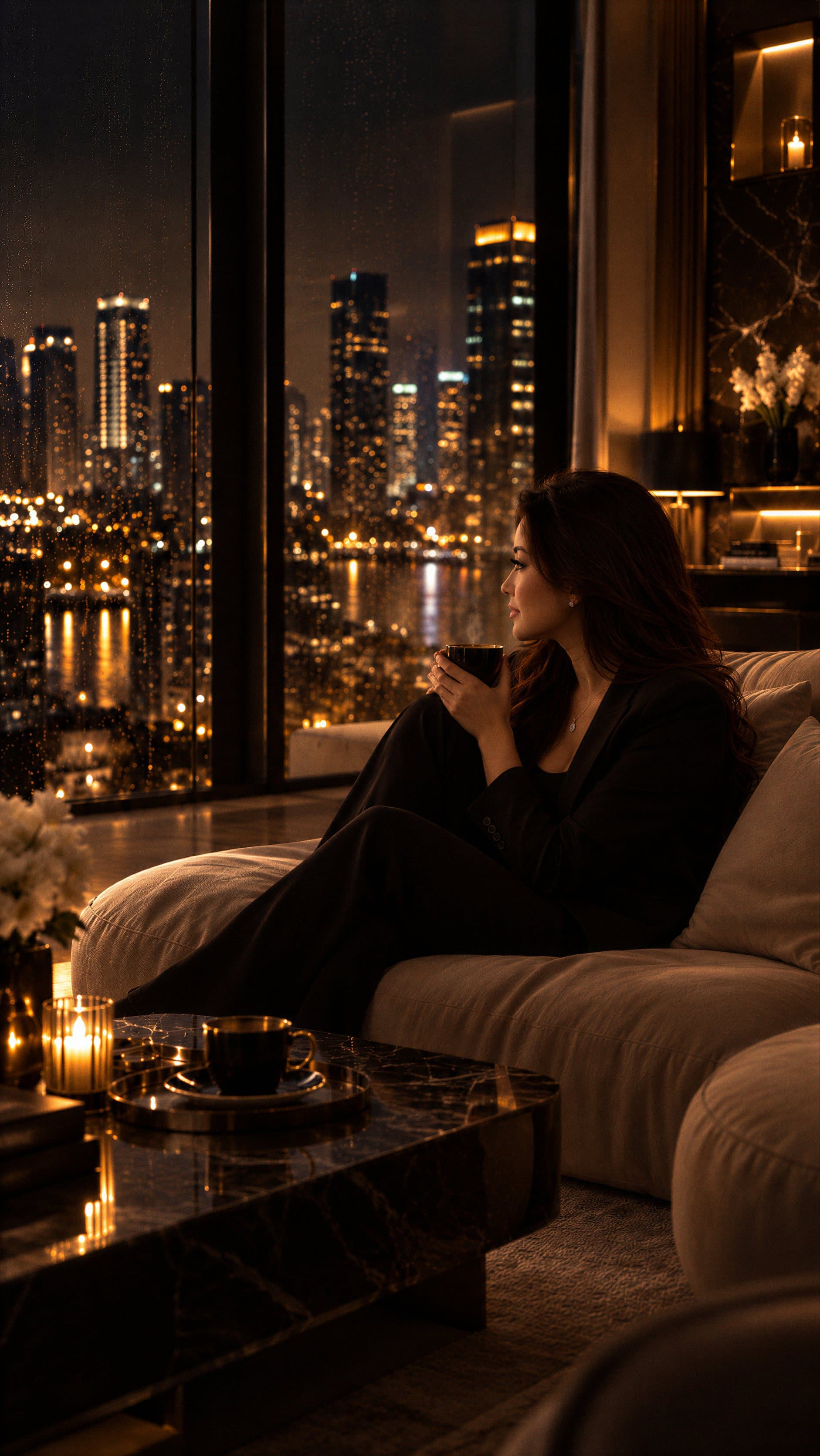 Alisha im Penthouse mit einer Tasse in der Hand, Blick über die Stadt bei Nacht